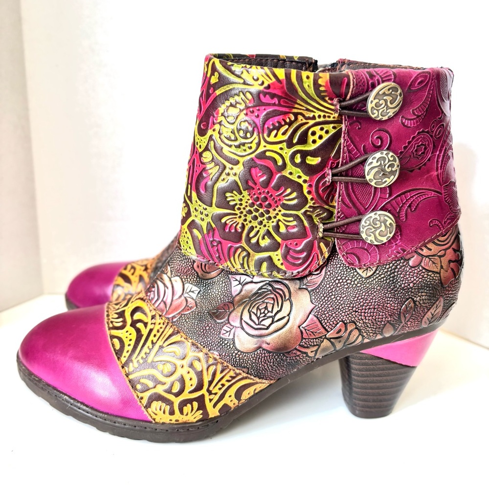 Gorgeous Handmade Multicolor Tooled Leather Floral Med Heel Ankle Boots 38 - Picture 3 of 14
